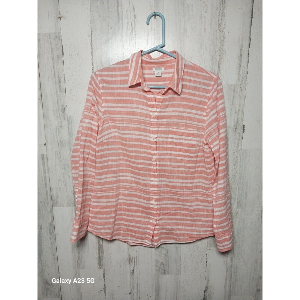 J Crew Cotton Peach And White Striped Button Up Top